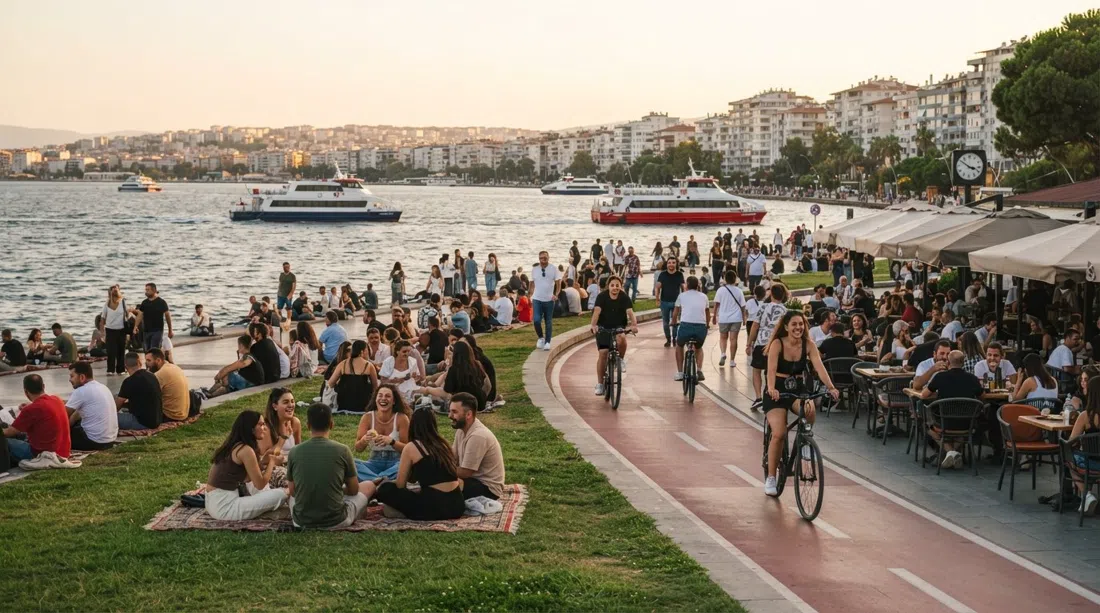 el paseo marítimo del Kordon en Alsancak a la hora dorada, franja de césped llena de gente mirando la bahía, ferris cruzando hacia Karşıyaka, mesas de café y el carril bici en el encuadre