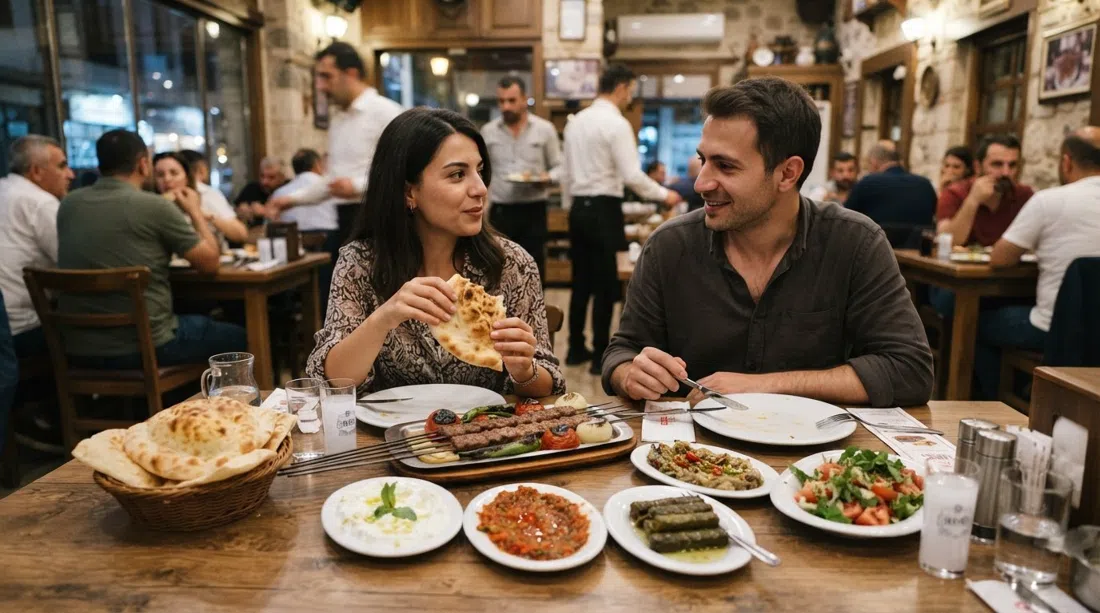 una mesa en Tavacı Recep Usta en Atatürk Caddesi, kebabs de cordero, platos de meze de cortesía y pan caliente dispuestos en un comedor concurrido durante la cena