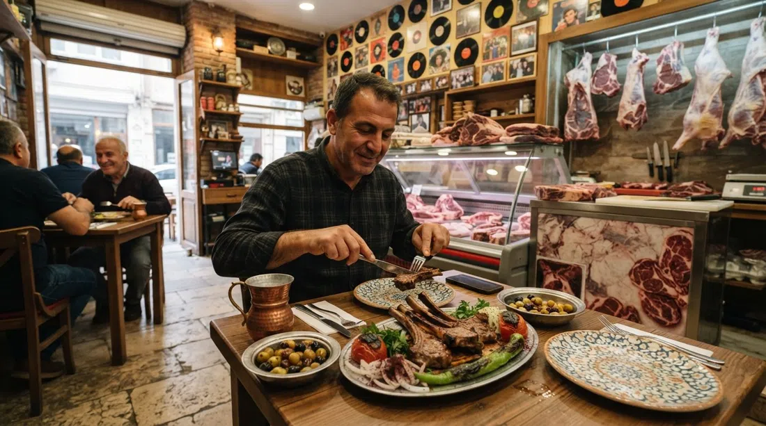 el comedor trasero de Kasap Fuat en la 1438 Sokak, bistecs madurados en seco cerca del mostrador de la carnicería, discos de vinilo en la pared, costillas de cordero a la parrilla servidas en un interior de restaurante cálido
