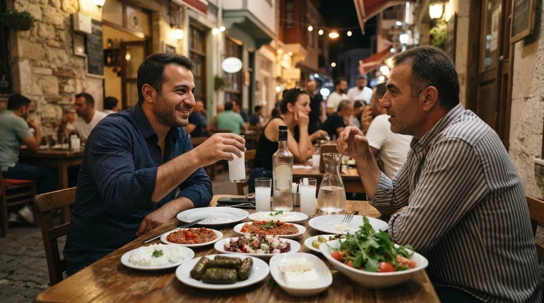 rakı y meze en Hayyam en Gazi Kadın Sokağı, platos fríos y calientes en una mesa abarrotada bajo la luz tenue del atardecer, ambiente clásico de meyhane