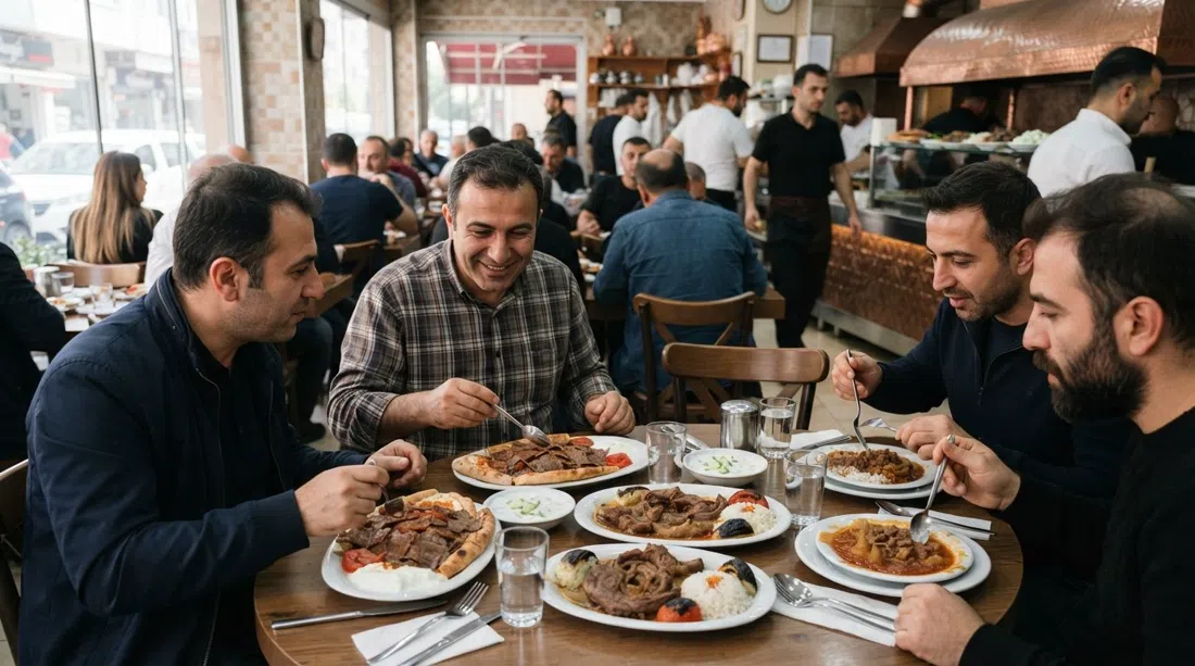 Hora punta del almuerzo dentro de Zaim Usta en Bornova, con platos de döner, cuello de cordero, guiso de cebolla y arroz pilaf en mesas llenas