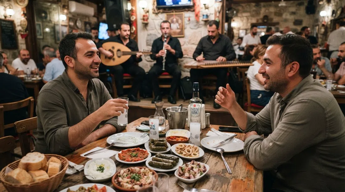 Mesa de meyhane en Buzuki Meyhane en Bornova, con platos de meze, vasos de rakı y músicos tocando fasıl al fondo