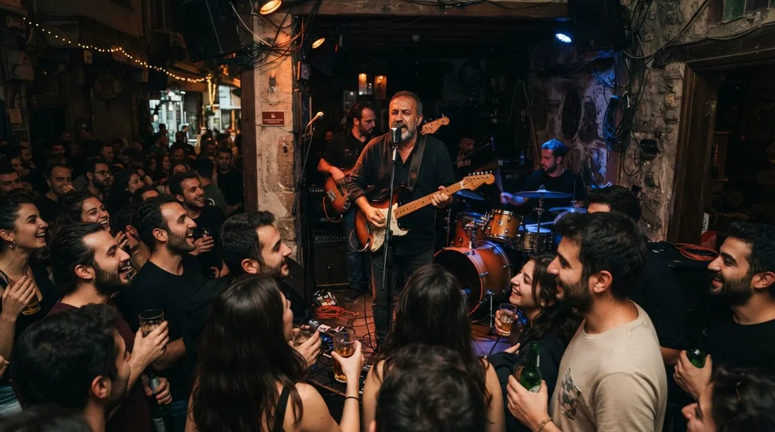 Beri Blues en 161 Sokak en Küçük Park, Bornova, con un set de blues en vivo y un público abarrotado y con poca luz