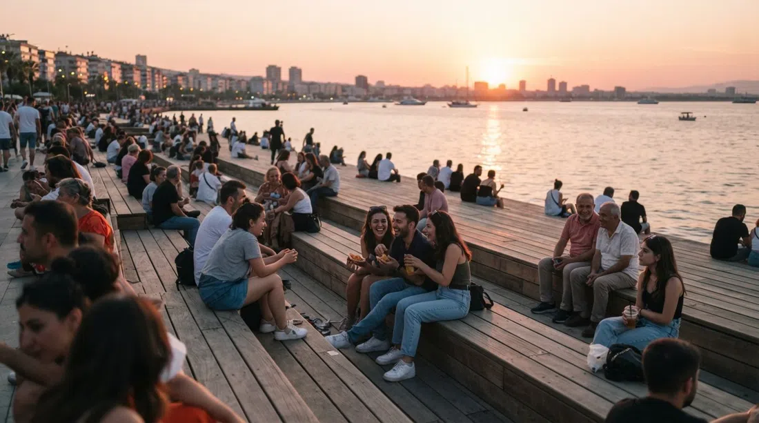 Bostanlı Sunset Lounge en la costa a la hora dorada, escalones de madera de fresno en cascada llenos de locales mirando al oeste sobre la bahía