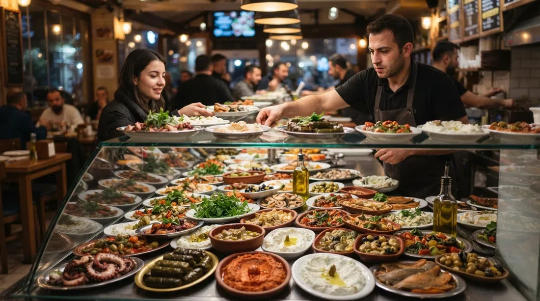el mostrador de mezes en Bostanlı Ayvalık Balıkçısı, lleno de platos fríos, platos de pulpo y selecciones de pescado bajo la cálida iluminación del restaurante