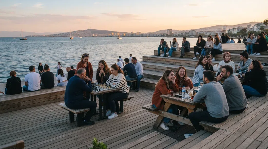 locales sentados en los escalones del Bostanlı Sunset Lounge cerca del atardecer, mesas de picnic y de ajedrez integradas en la cubierta de madera de fresno