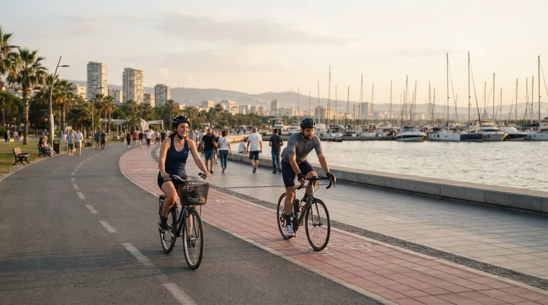 ciclistas en el carril bici costero Bostanlı–Mavişehir junto al parque frente al mar, paseo llano y luz de puerto deportivo al atardecer