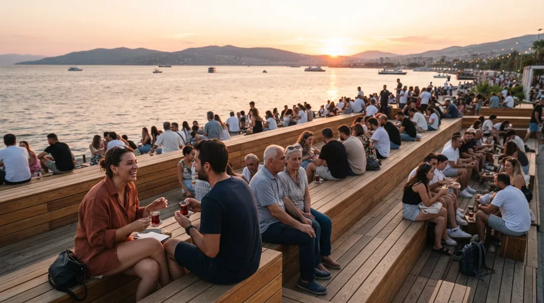 Bostanlı Sunset Lounge a la hora dorada, terrazas escalonadas de fresno llenas de locales frente al golfo de Esmirna mientras el sol se esconde tras las colinas