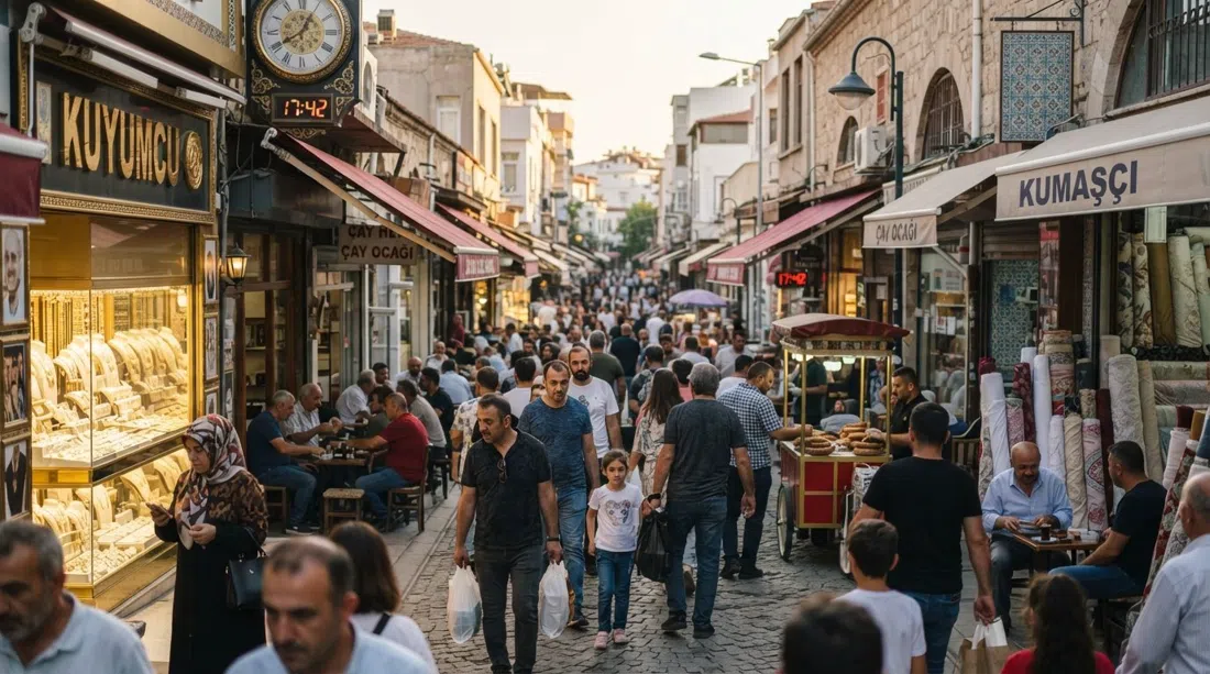 Karşıyaka Çarşısı en la calle Kemal Paşa, bloques peatonales abarrotados con joyerías, vendedores de telas, cafés y puestos de comida en la luz de la tarde