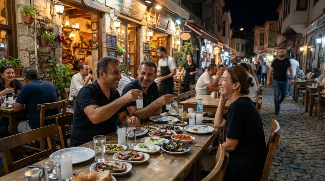 Bostanlı Meyhanesi en la calle 6352 de noche, mesas dispuestas para rakı y meze con pulpo, platitos y luz interior cálida