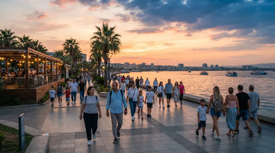 el paseo marítimo orientado al oeste en Karşıyaka al atardecer, locales caminando hacia el Bostanlı Sunset Lounge junto al golfo de Esmirna