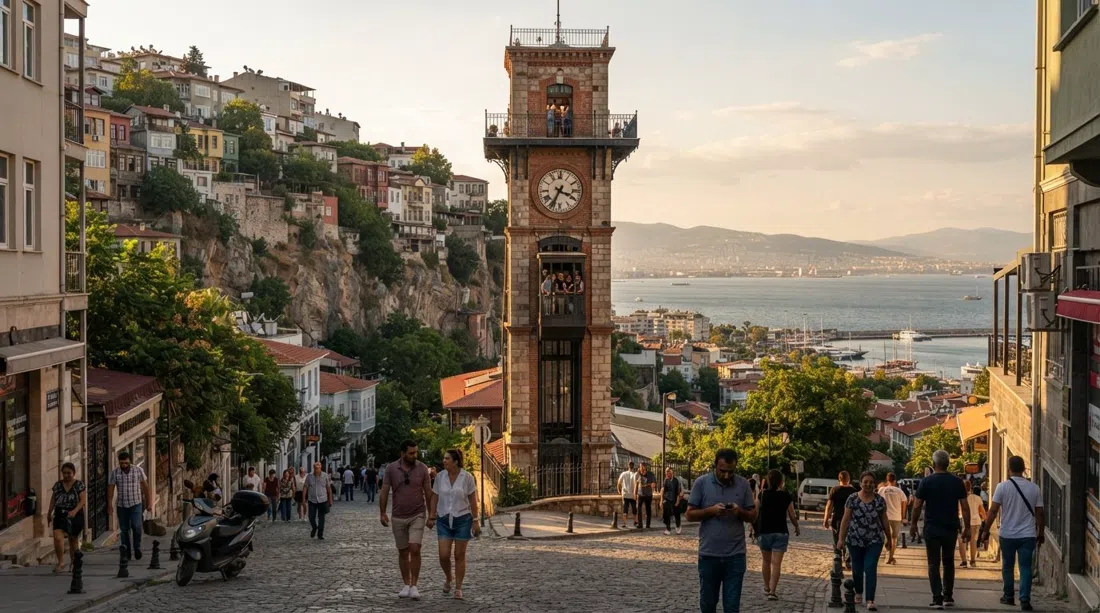 el histórico ascensor Asansör elevándose desde Mithatpaşa Caddesi en Karataş, con el acantilado debajo y el golfo de İzmir al fondo en la luz del atardecer