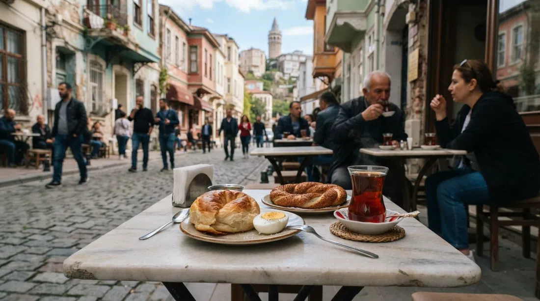 boyoz caliente y un huevo duro en una pequeña mesa de café en Karataş, con gevrek de sésamo y un vaso de té al lado