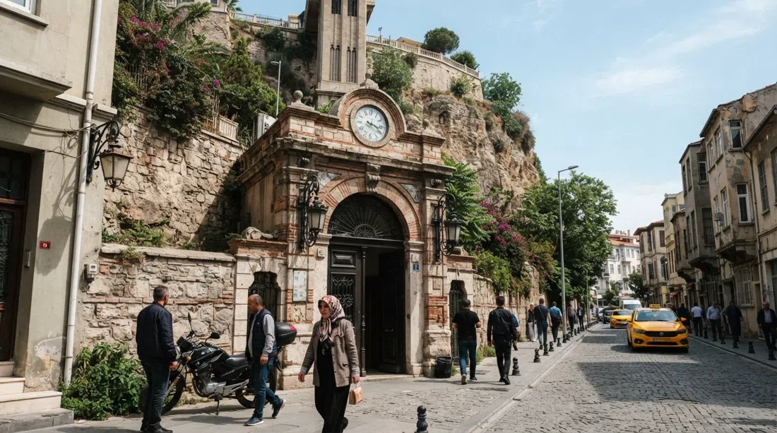 la entrada inferior del Asansör en Mithatpaşa Caddesi, con la puerta histórica del ascensor y actividad callejera al pie del acantilado