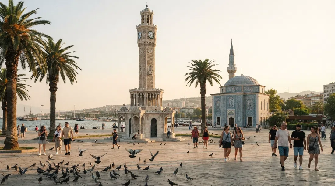Torre del Reloj de Esmirna en la plaza Konak al atardecer, con palmeras y palomas en primer plano, la mezquita Yalı revestida de azulejos justo al lado