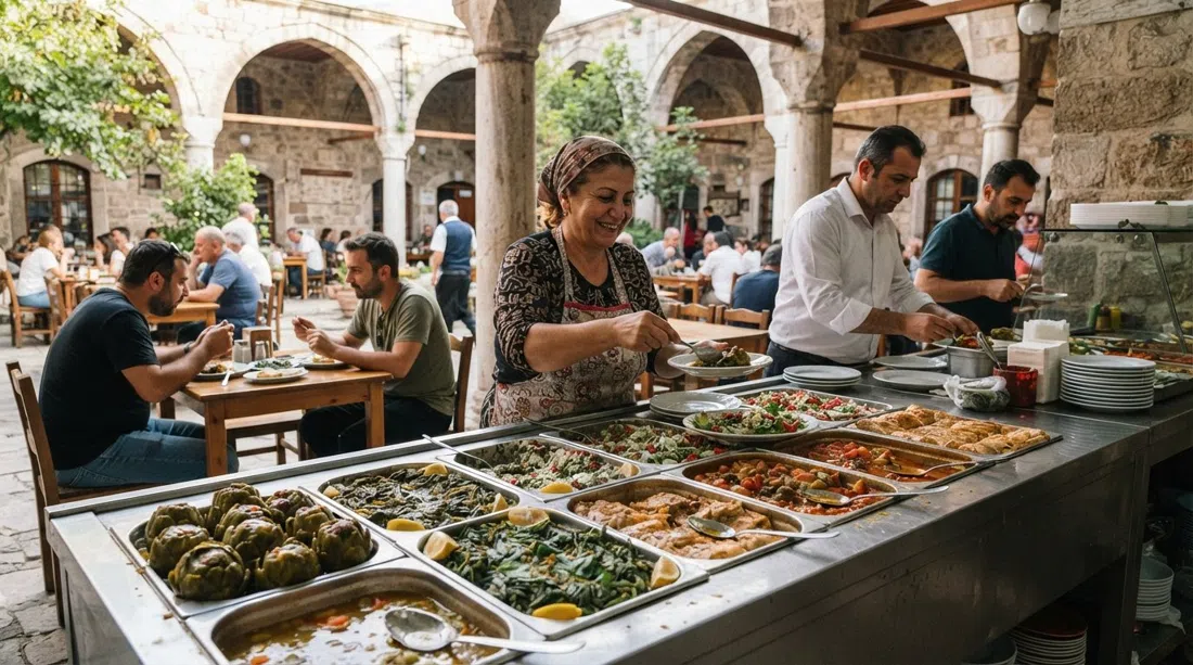 Kısmet Lokantası en el patio de piedra de Küçük Demir Han, bandejas de verduras egeanas y alcachofas rellenas en un mostrador de almuerzo sencillo, la luz del día filtrándose a través de la arcada