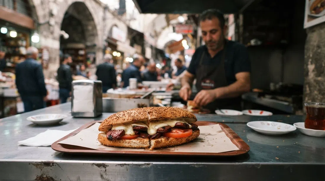 Sándwich kumru con costra de sésamo de Kumrucu Ahmet en un mostrador en Kemeraltı, queso fundido, sucuk y tomate visibles en primer plano