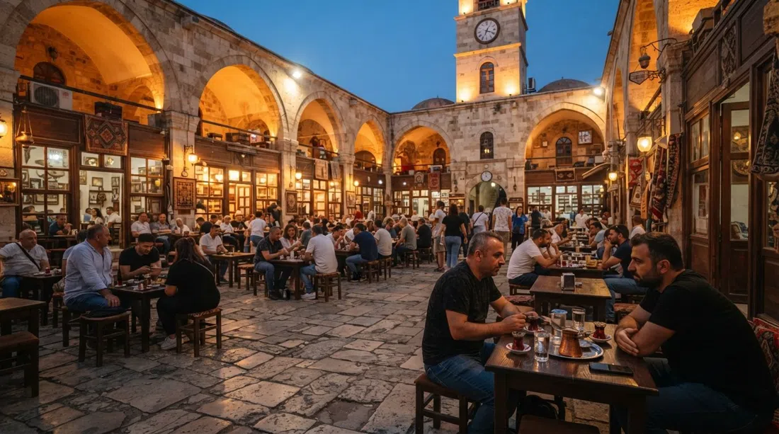 Patio de Kızlarağası Han al atardecer, casas de té bajo arcos de piedra, vasos de café pequeños sobre mesas y luz cálida extendiéndose sobre el empedrado