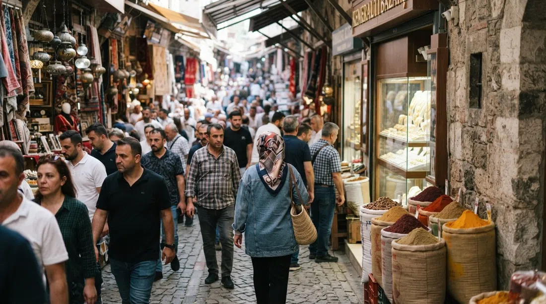 Un callejón concurrido del bazar de Kemeraltı a la luz del mediodía, sacos de especias apoyados contra escaparates de joyerías y compradores atravesando calles numeradas