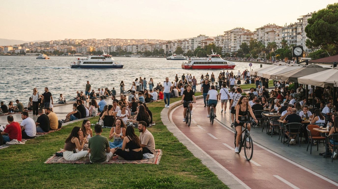 the Kordon seafront promenade in Alsancak at golden hour, grass strip full of people facing the bay, ferries crossing toward Karşıyaka, café tables and the cycle path in frame