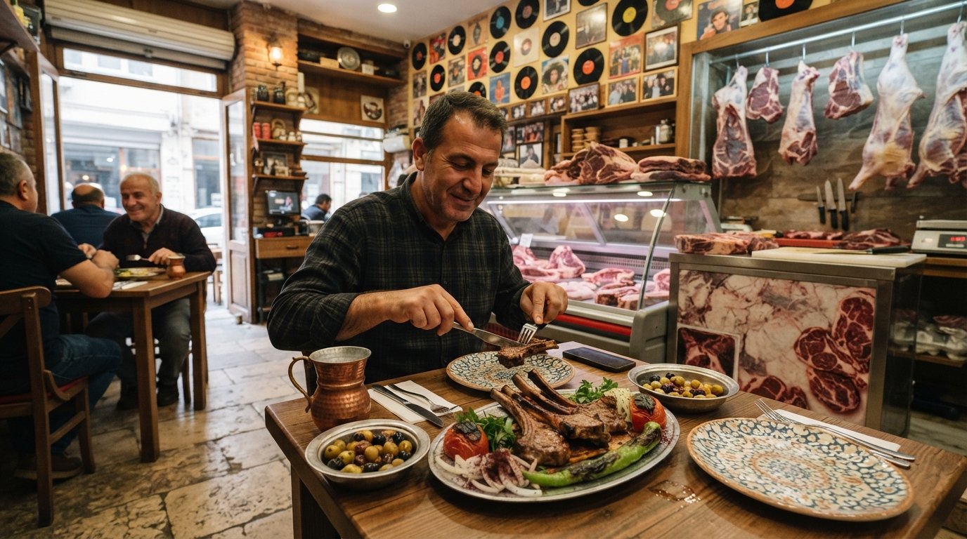 the back room of Kasap Fuat on 1438 Sokak, dry-aged steaks on display near the butcher counter, vinyl records on the wall, grilled lamb ribs served in a warm restaurant interior