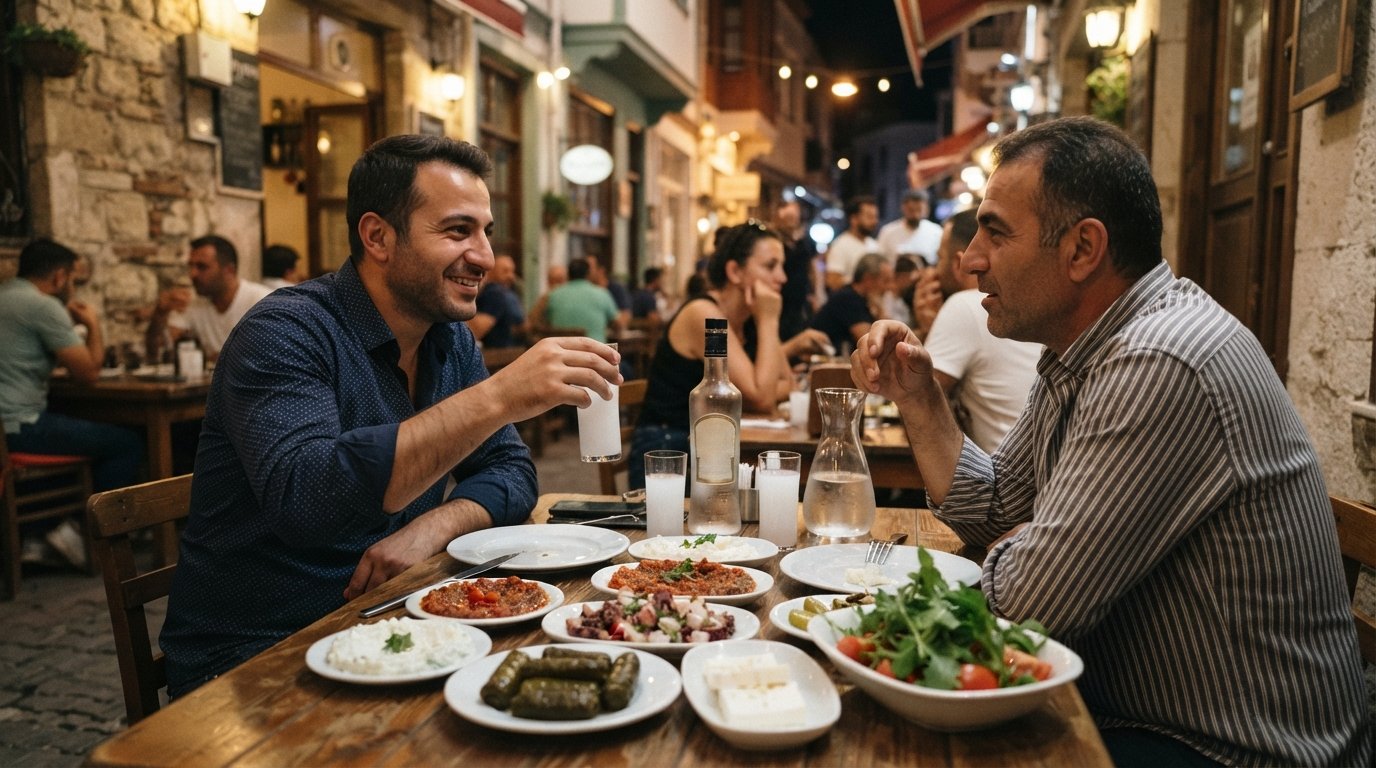 rakı and meze at Hayyam on Gazi Kadın Sokağı, cold and hot plates on a crowded table under low evening light, classic meyhane atmosphere