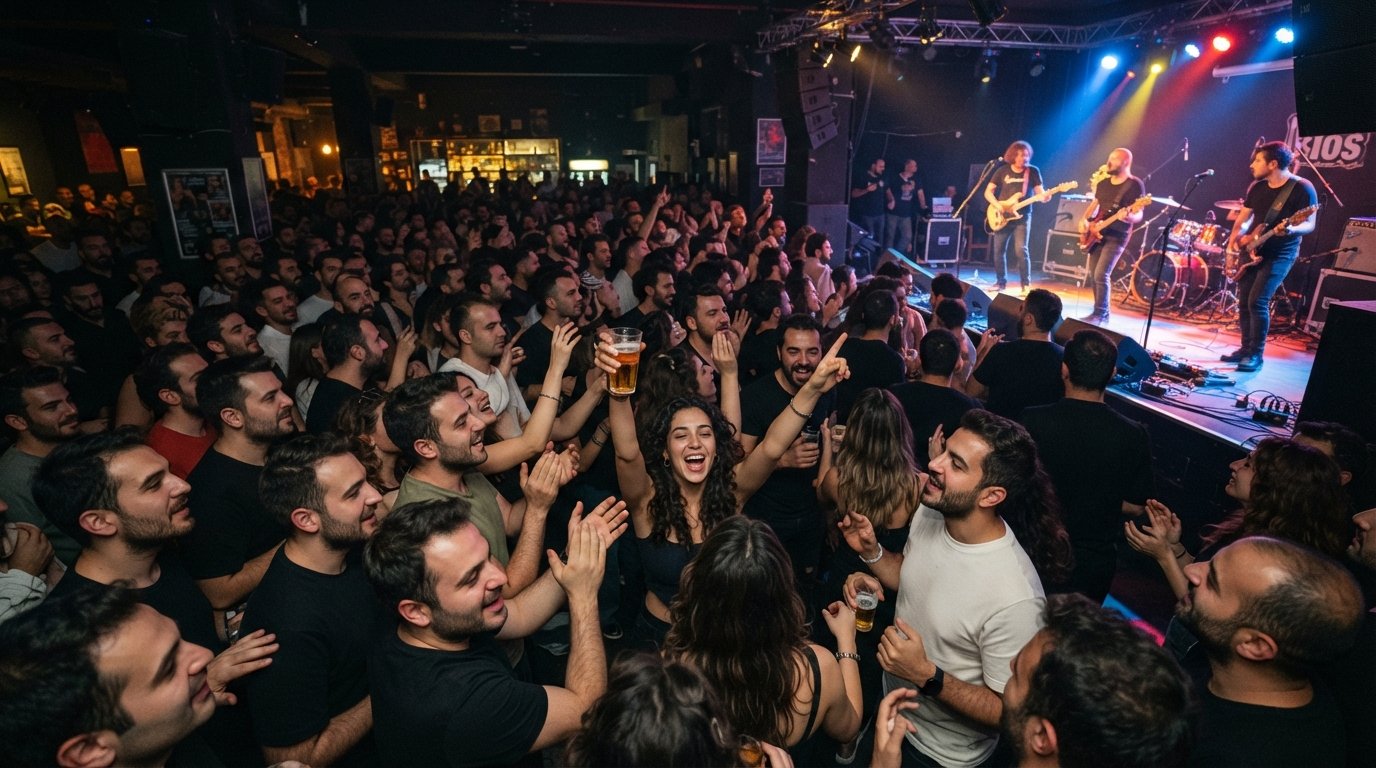 a crowded night at Bios on Kıbrıs Şehitleri Caddesi, big live stage lit up, packed audience, concert energy and raised glasses in a dark room