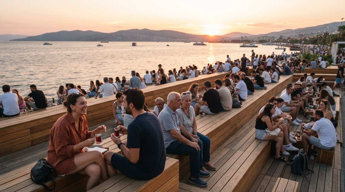 Bostanlı Sunset Lounge at golden hour, cascading ash-wood terraces filled with locals facing the Gulf of İzmir as the sun drops behind the hills
