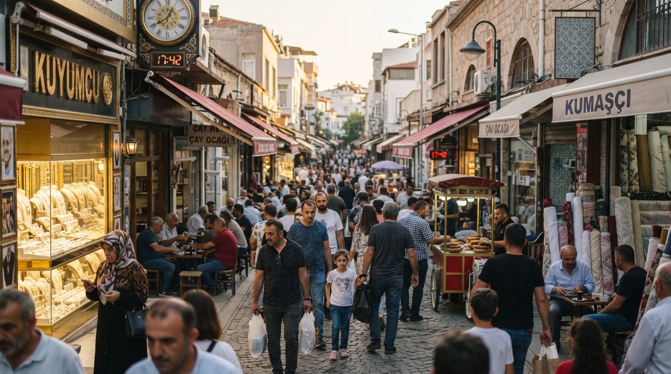 Karşıyaka Çarşısı on Kemal Paşa Caddesi, crowded pedestrian blocks with gold shops, fabric sellers, tea houses and food carts in late afternoon light