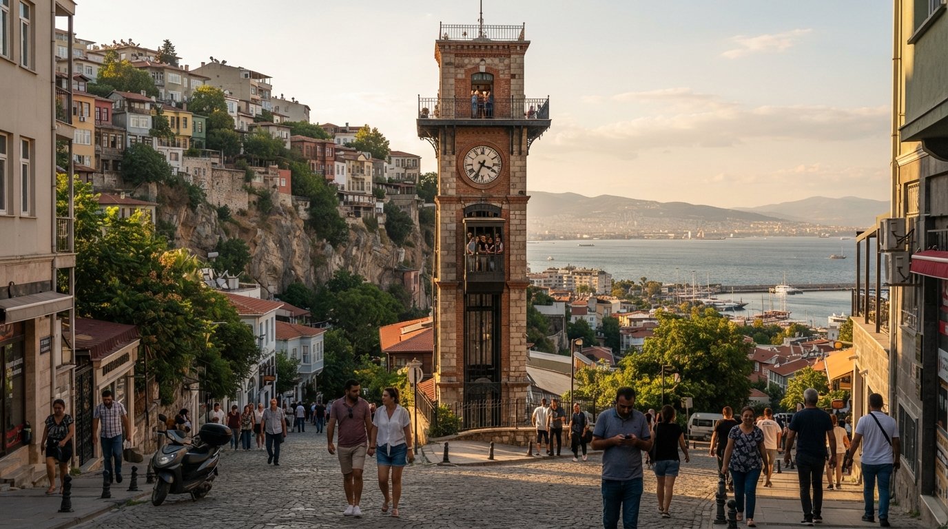 the historic Asansör elevator rising from Mithatpaşa Caddesi in Karataş, with the cliff face below and the Gulf of İzmir beyond at late afternoon light