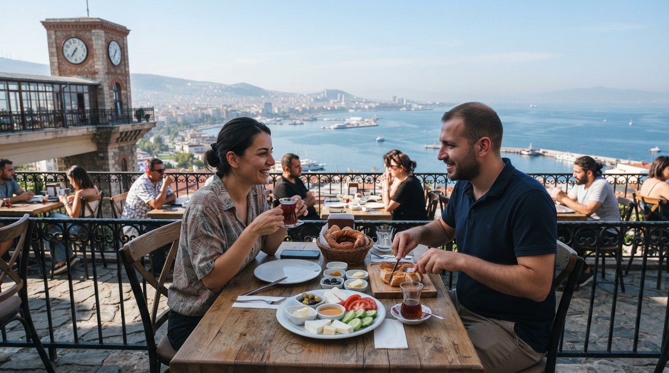 the terrace at Teras Kafe atop the Asansör, with breakfast plates, coffee glasses and the Gulf of İzmir stretching out in morning light