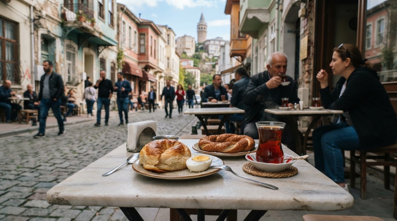 warm boyoz and a boiled egg on a small café table in Karataş, with sesame gevrek and a glass of tea beside them