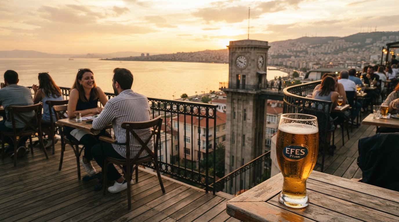 sunset at Teras Kafe on the Asansör terrace, with a beer glass in the foreground and the Gulf of İzmir turning gold below