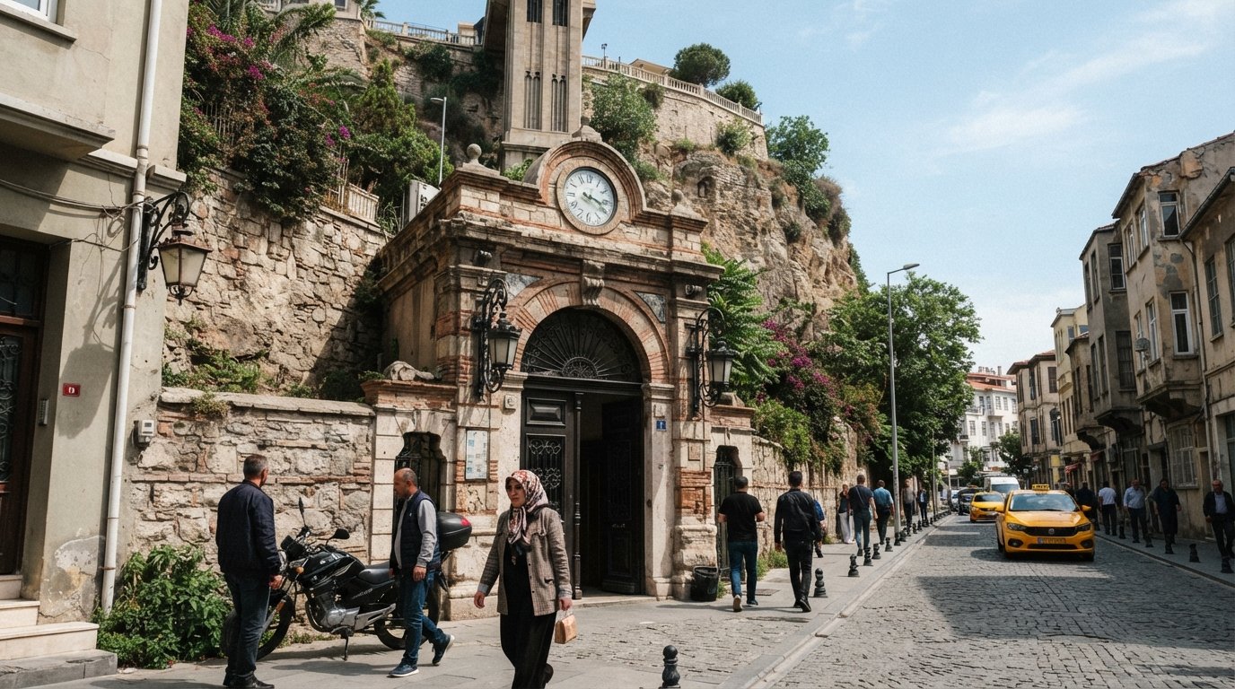the lower entrance of the Asansör on Mithatpaşa Caddesi, with the historic elevator doorway and street activity at the base of the cliff