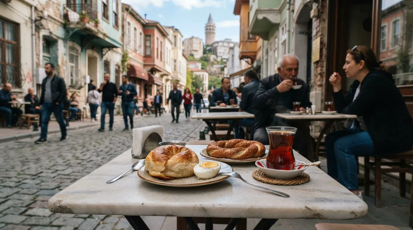warm boyoz and a boiled egg on a small café table in Karataş, with sesame gevrek and a glass of tea beside them